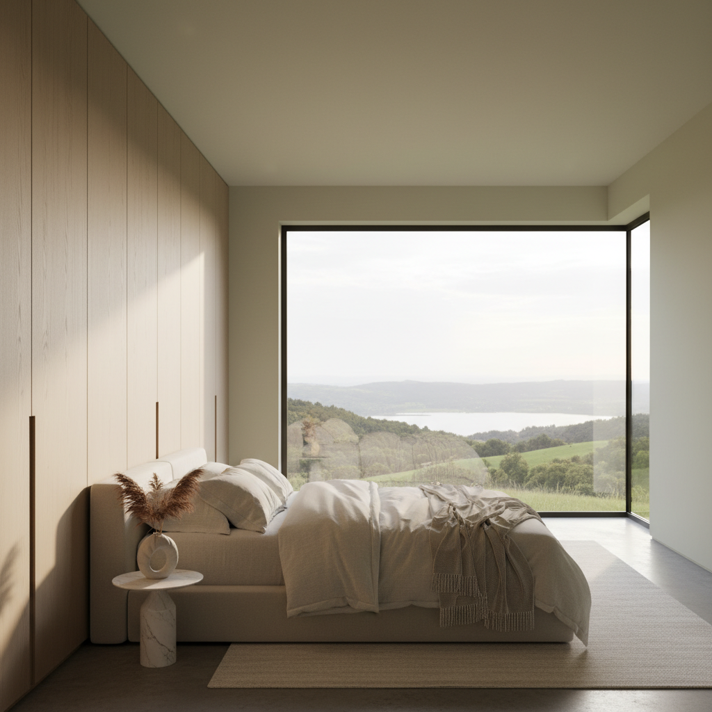 Arquitectura de dormitorio principal con luz natural en Barcelona
